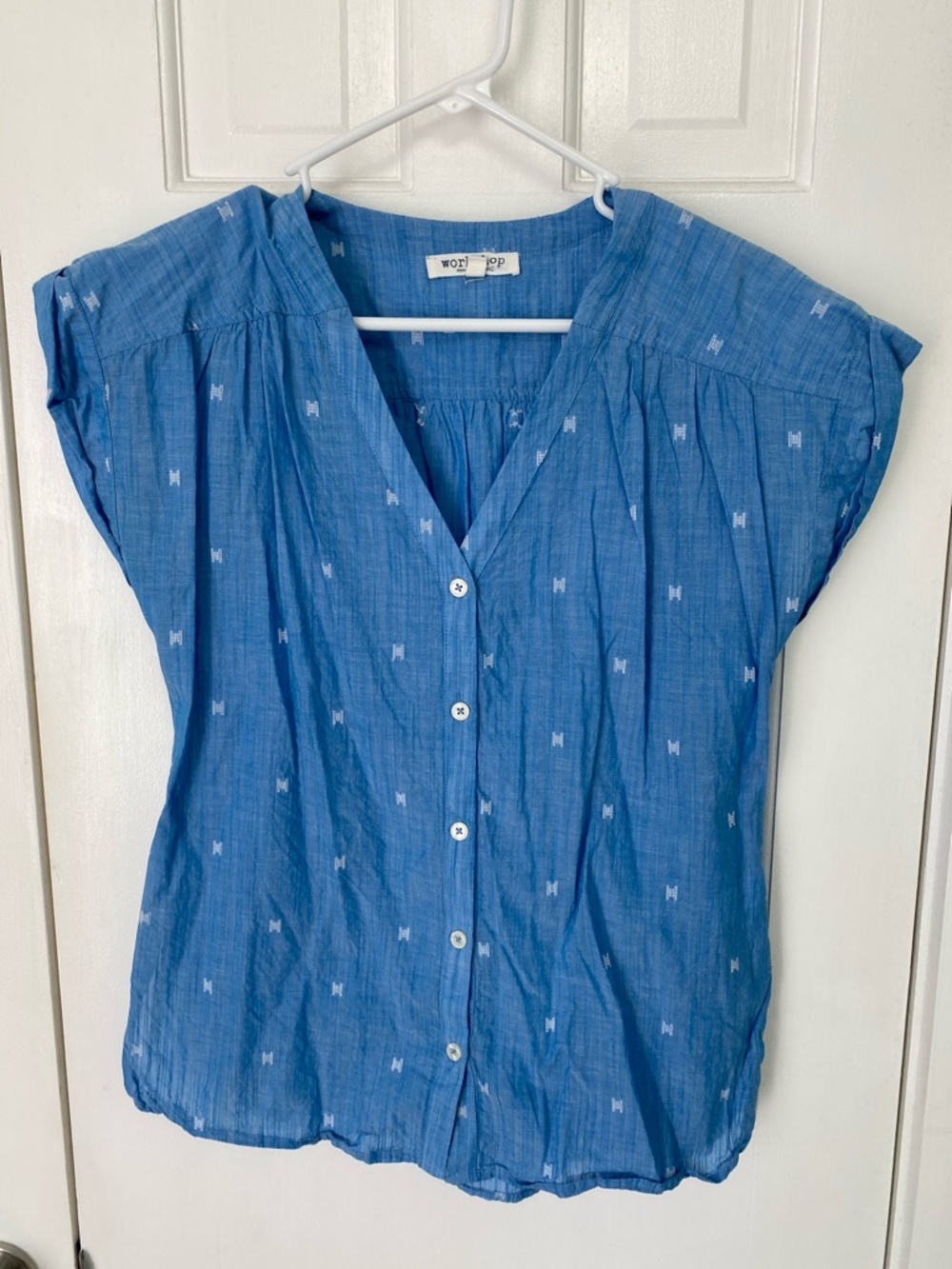 Blue Button-Front Cap Sleeve Top